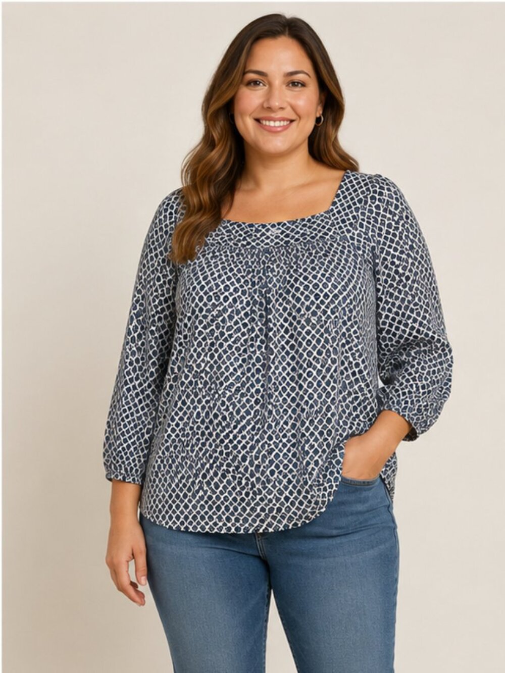 Suzy Shier Women’s Long Sleeve Stretch Blouse Top Blue Geometric Print Size L